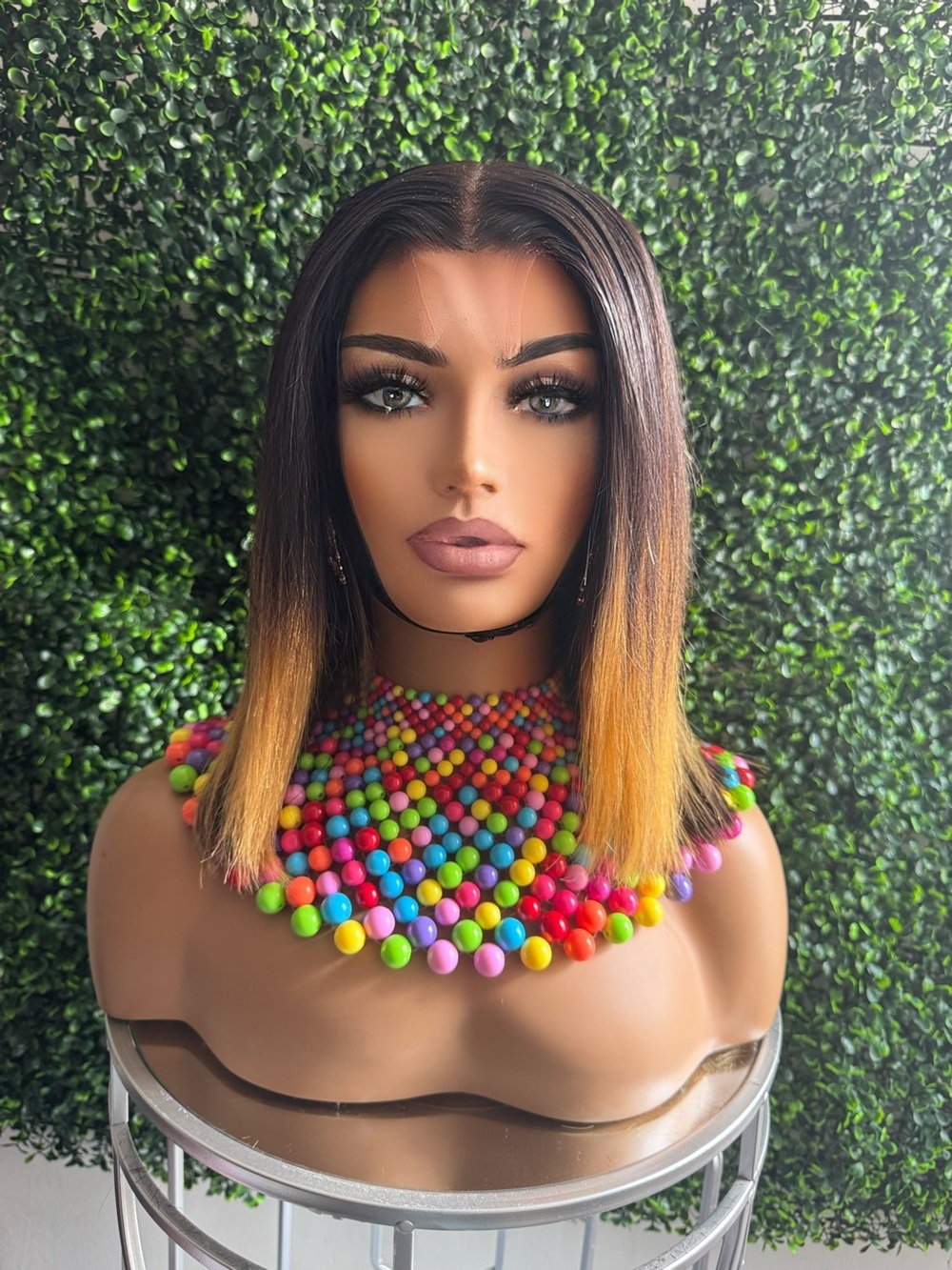 Mid-Length Ombre Wig with Straight Ends in Black and Honey Blonde